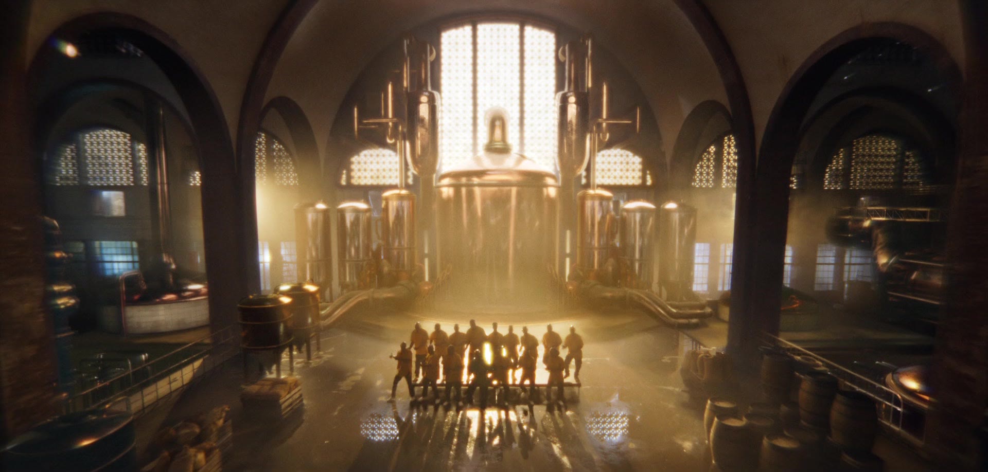Castle Double Malt — brewers gathered in vast CG brewery hall with copper vats