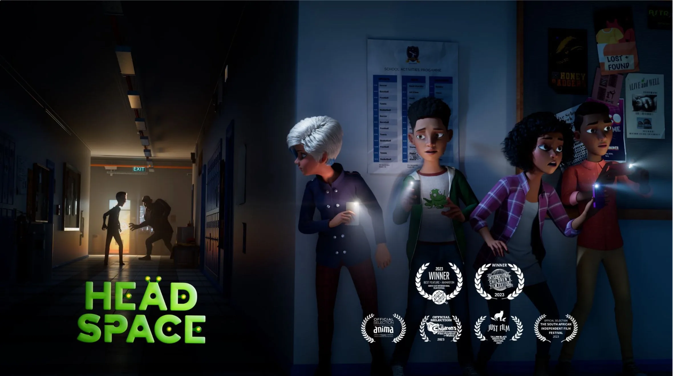 Headspace — four teen heroes with phone flashlights in a dark school corridor